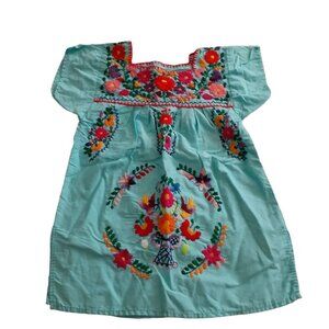 Little Girl's Mexican Boho Peasant Dress Blue with Floral Embroidery 6-6X